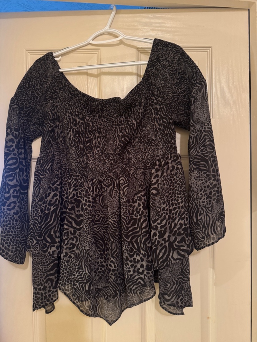 Boho Smocked Off-Shoulder Black Animal Print Peasant Top